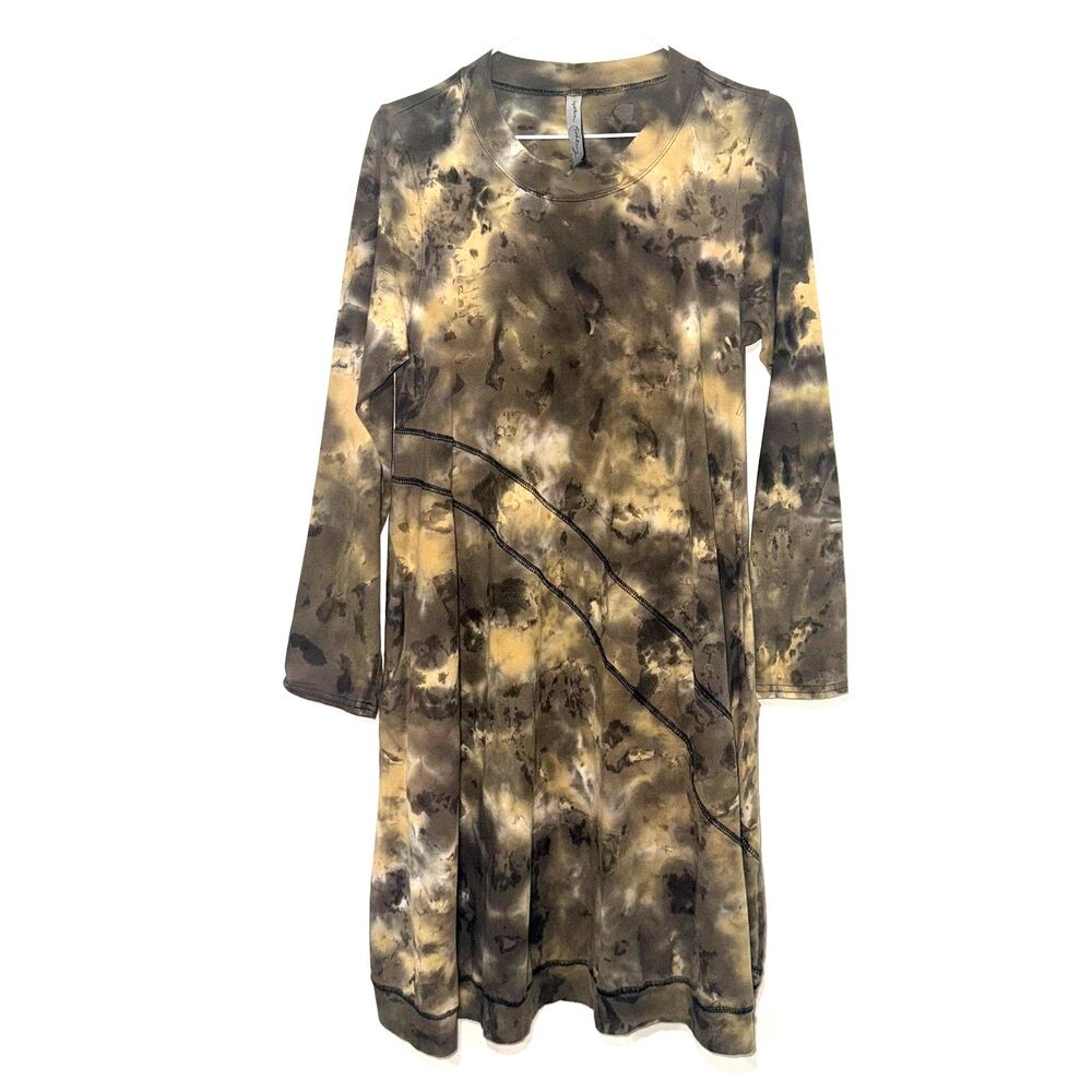 Cynthia Ashby Tie Dye Crew Neck Long Sleeve Lagenlook Dress - Green XS
